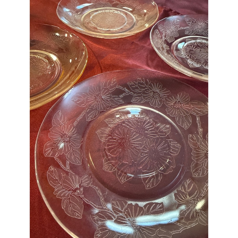 Vintage Pink Depression Glass Dogwood Floral Saucers Set of 4 Small Plates